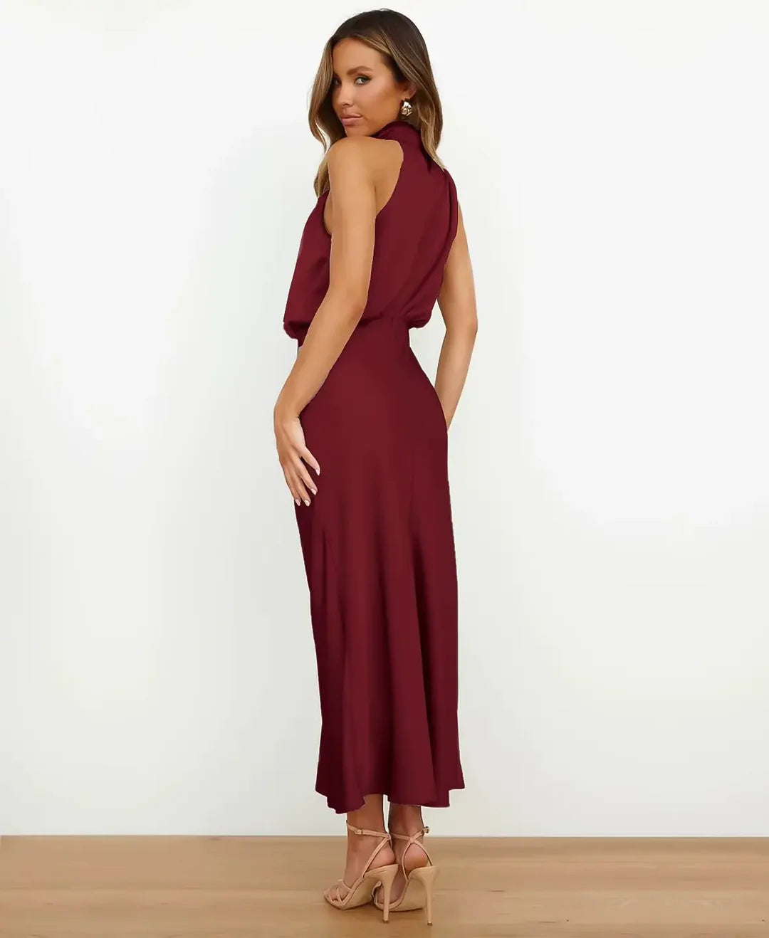 Matilda | Wedding Guest Halter Satin Sleeveless Midi Dress