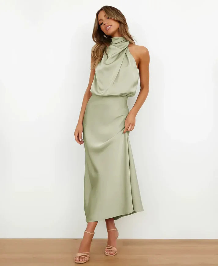 Matilda | Wedding Guest Halter Satin Sleeveless Midi Dress