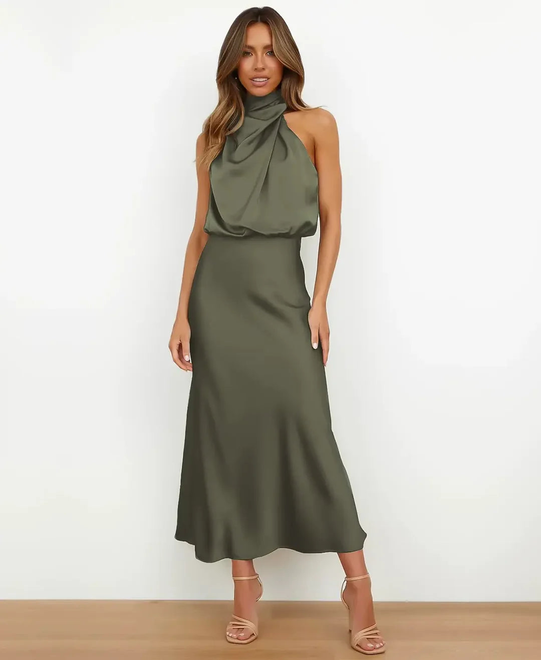 Matilda | Wedding Guest Halter Satin Sleeveless Midi Dress