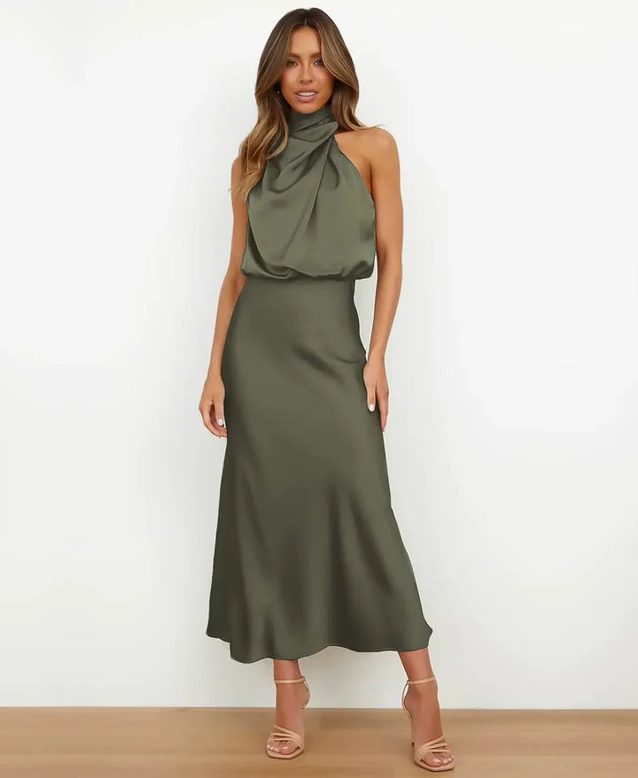 Matilda | Wedding Guest Halter Satin Sleeveless Midi Dress