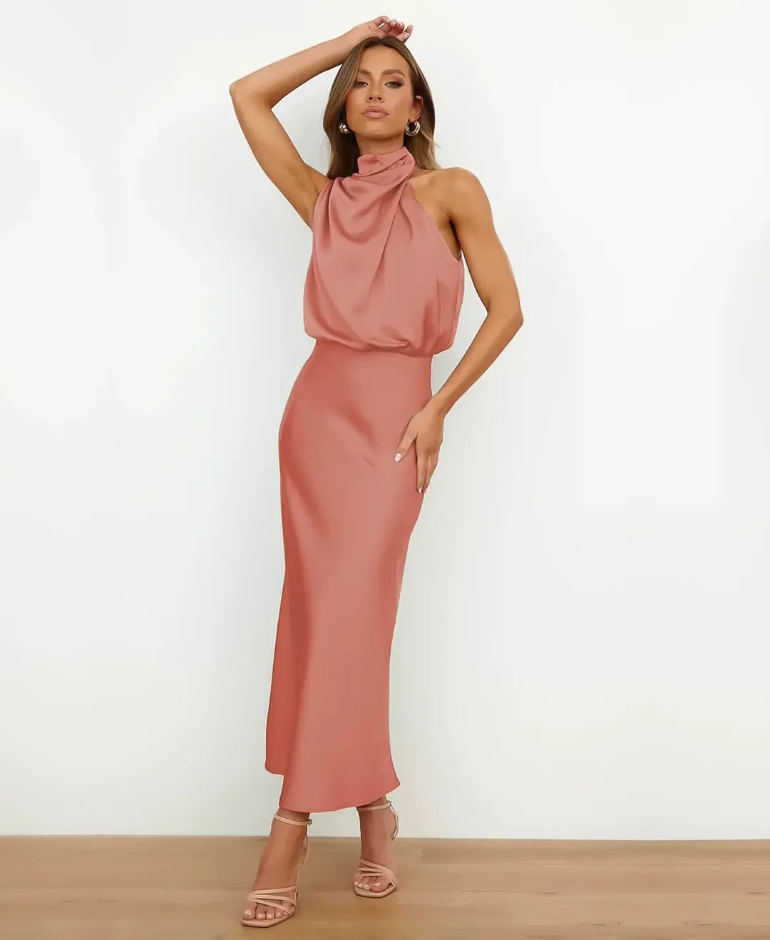 Matilda | Wedding Guest Halter Satin Sleeveless Midi Dress