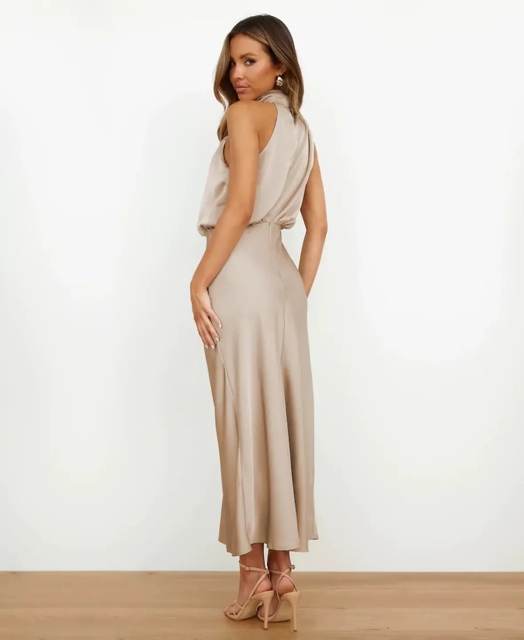 Matilda | Wedding Guest Halter Satin Sleeveless Midi Dress