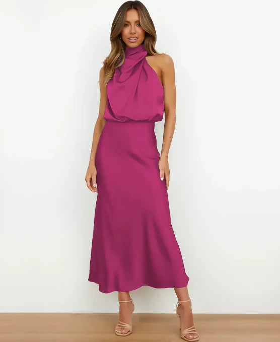 Matilda | Wedding Guest Halter Satin Sleeveless Midi Dress
