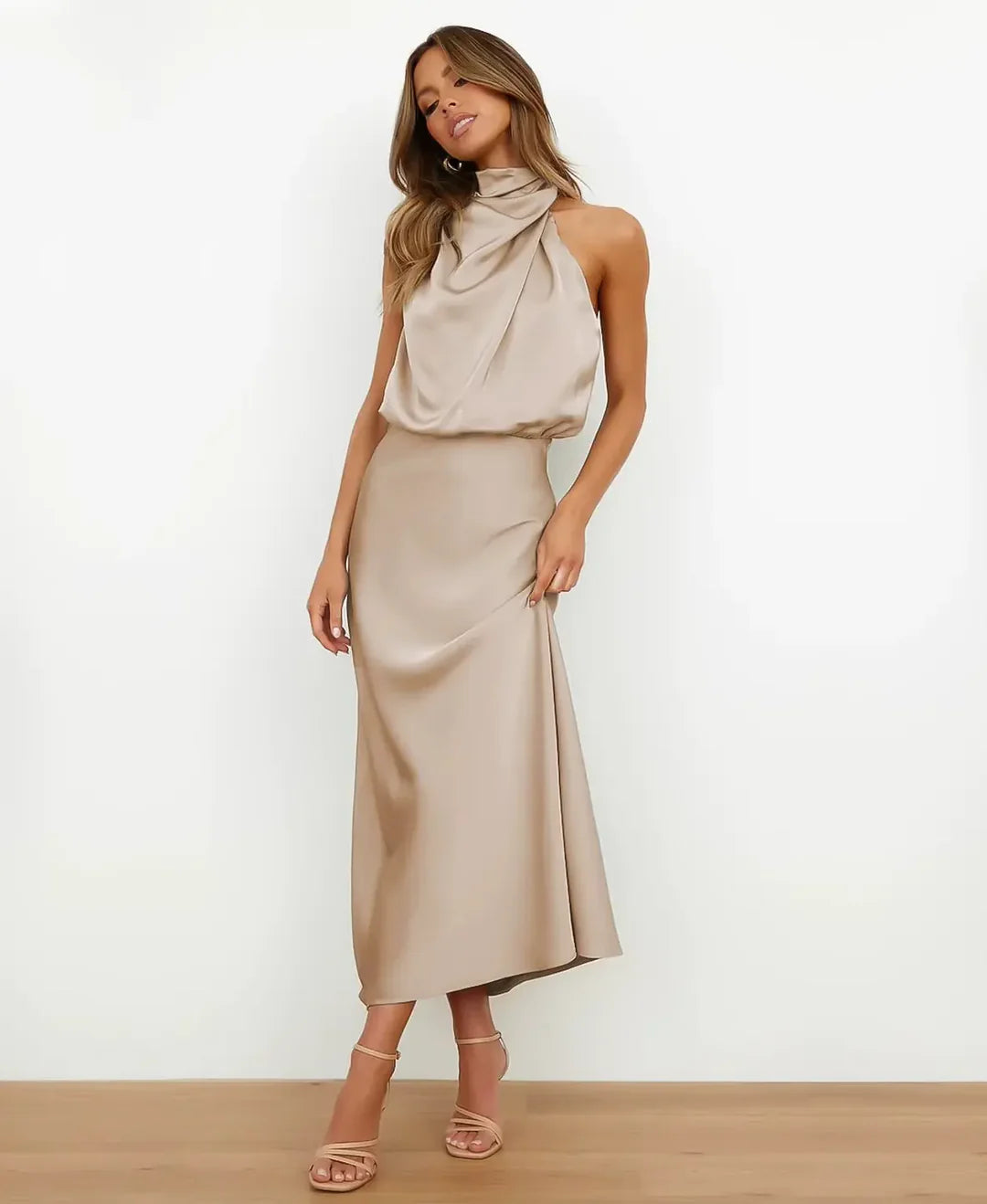 Matilda | Wedding Guest Halter Satin Sleeveless Midi Dress