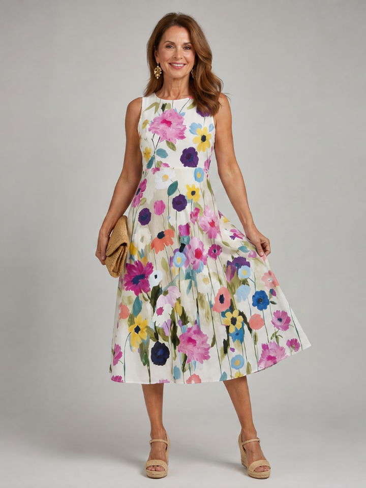 Millie | White Sleeveless Wedding Guest Floral Midi Dress