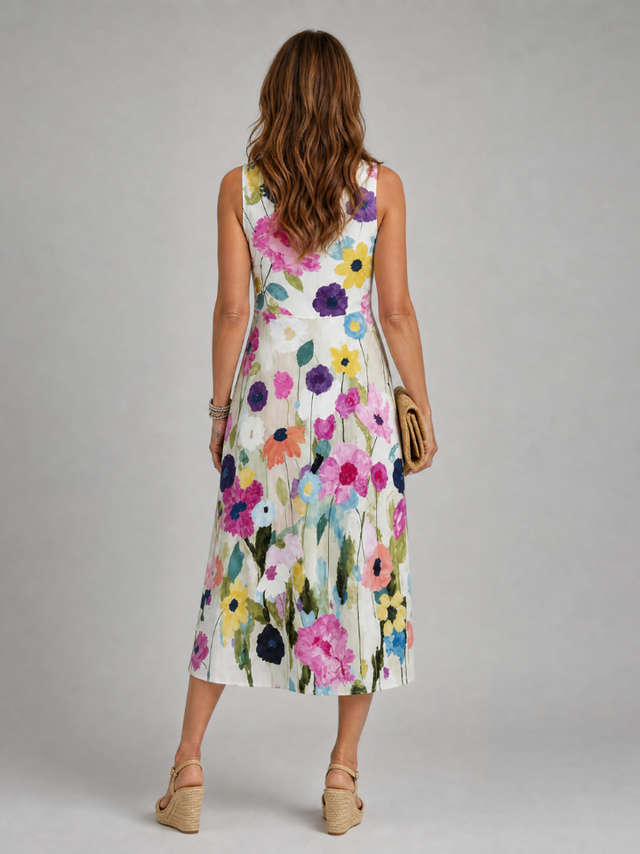 Millie | White Sleeveless Wedding Guest Floral Midi Dress