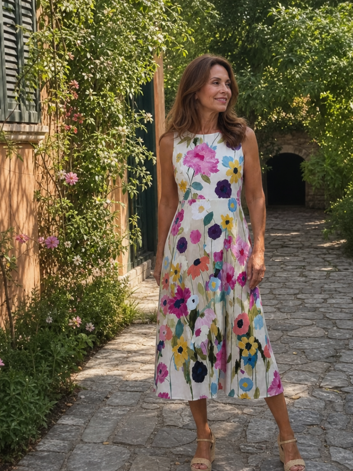 Millie | White Sleeveless Wedding Guest Floral Midi Dress