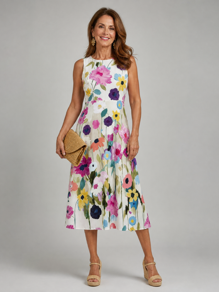 Millie | White Sleeveless Wedding Guest Floral Midi Dress