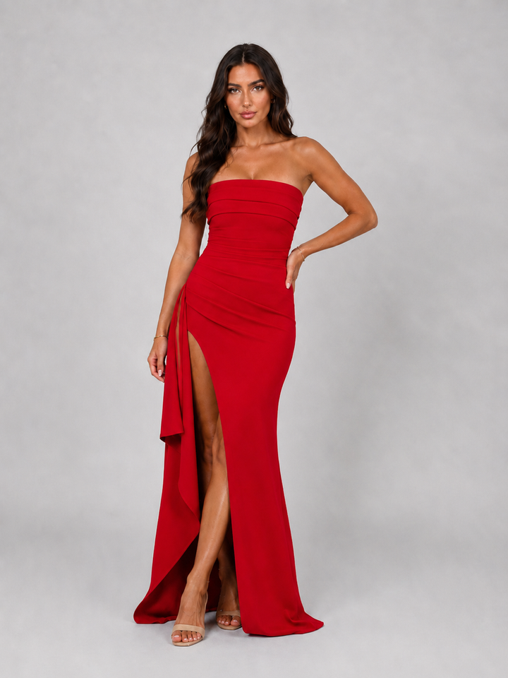 Nancy | Wedding Guest Strapless Pleated Maxi Dress