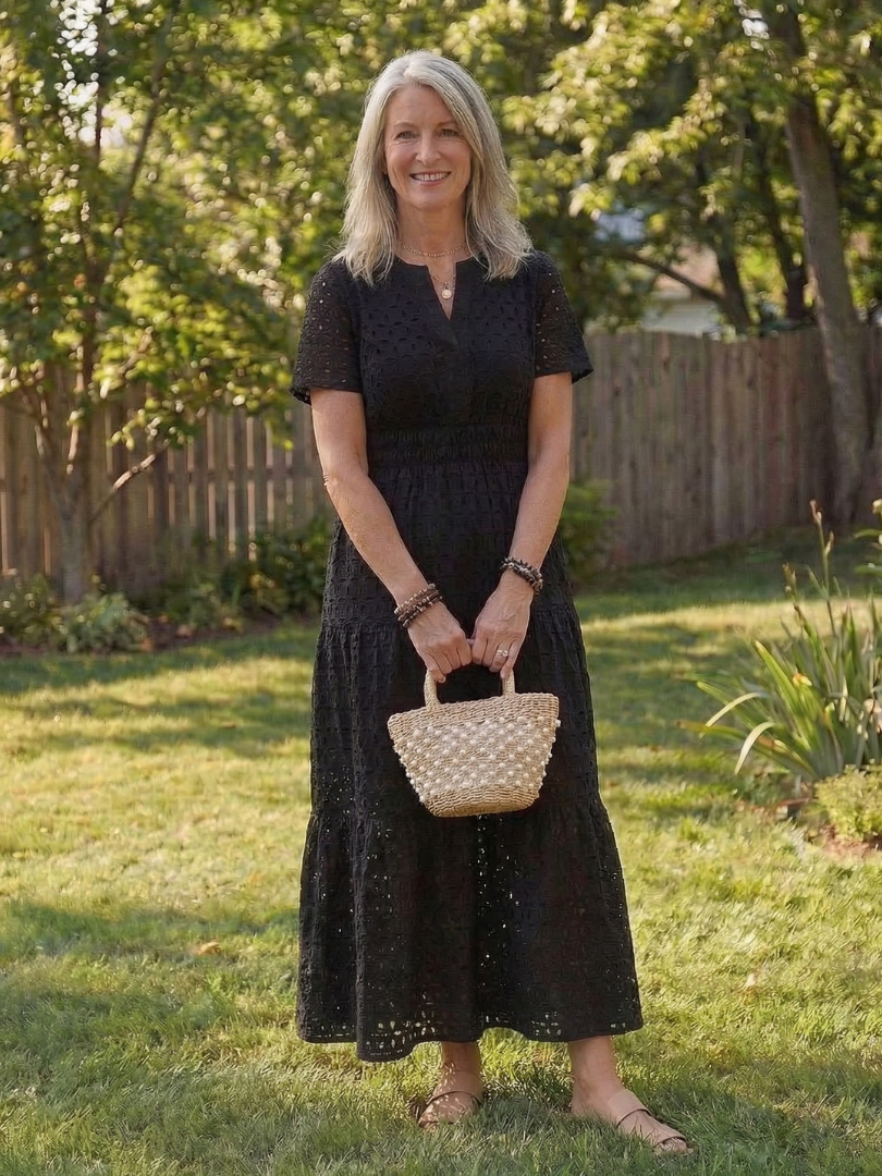 Nancy | Womens Eyelet Short Sleeve Tiered V Neck Midi Dress