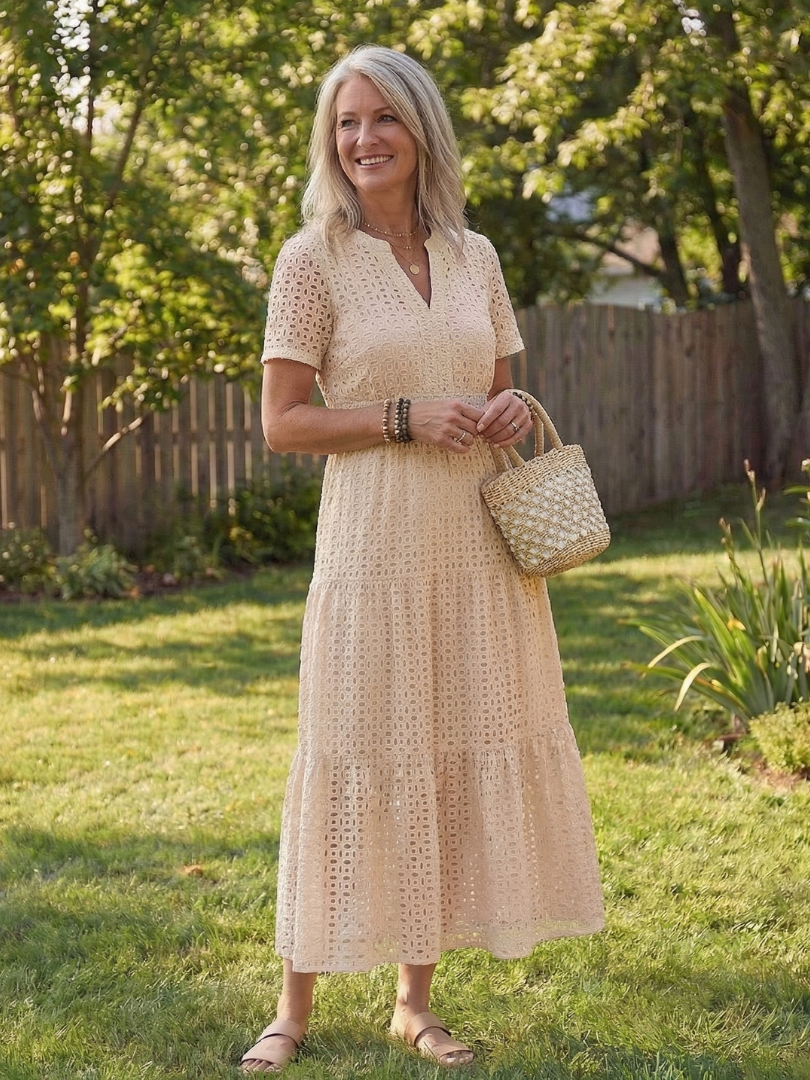Nancy | Womens Eyelet Short Sleeve Tiered V Neck Midi Dress