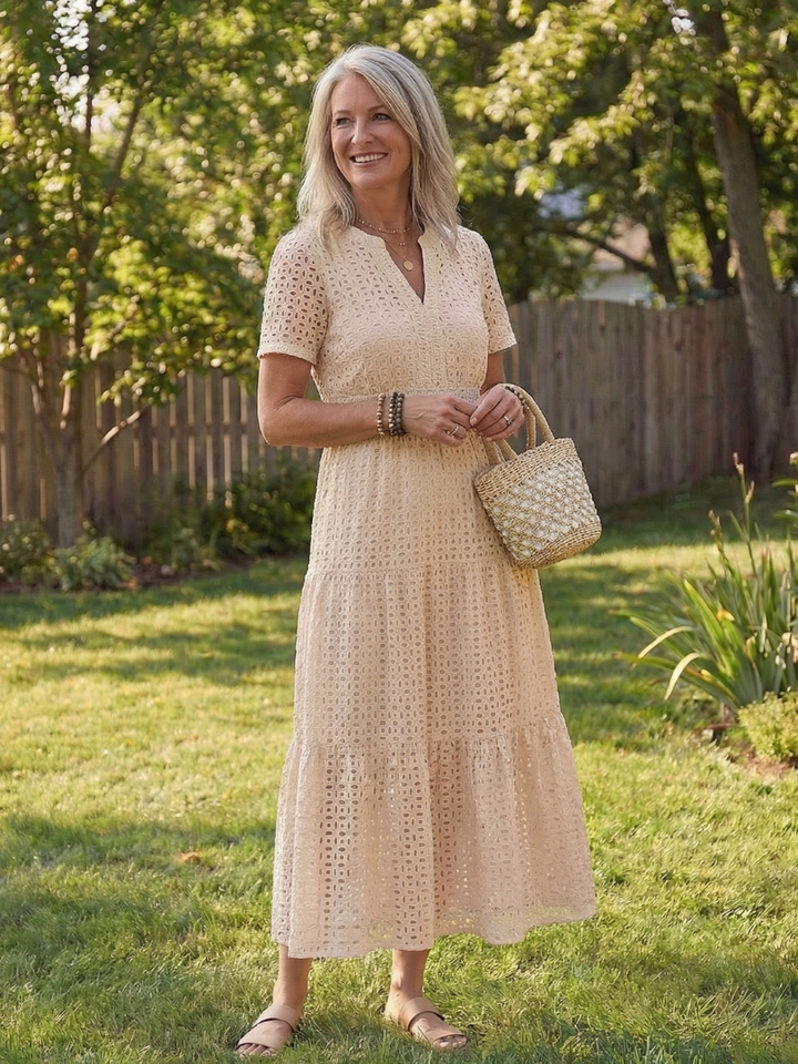 Nancy | Womens Eyelet Short Sleeve Tiered V Neck Midi Dress