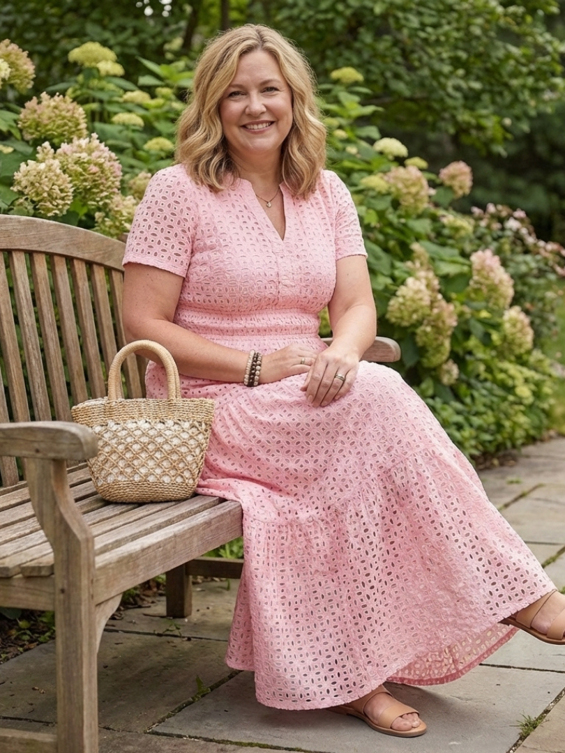 Nancy | Womens Eyelet Short Sleeve Tiered V Neck Midi Dress