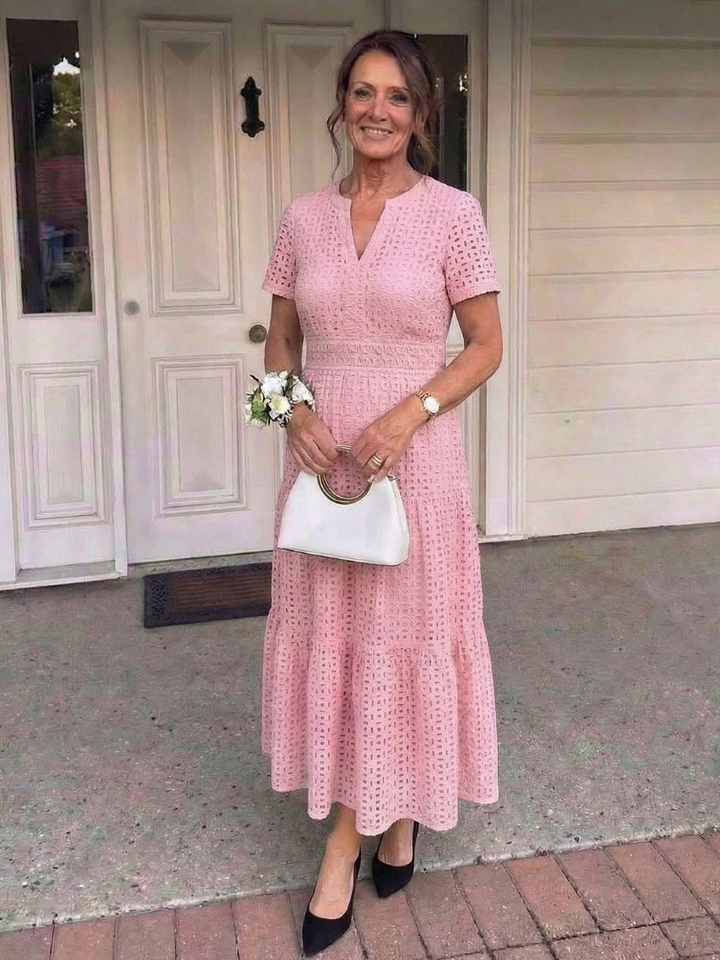 Nancy | Womens Eyelet Short Sleeve Tiered V Neck Midi Dress