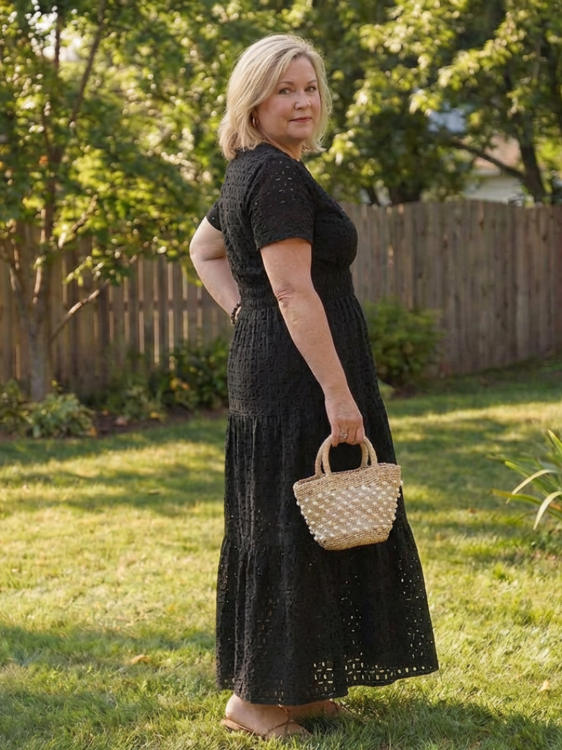 Nancy | Womens Eyelet Short Sleeve Tiered V Neck Midi Dress