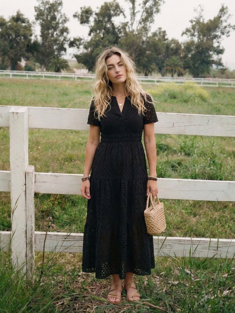 Nancy | Womens Eyelet Short Sleeve Tiered V Neck Midi Dress