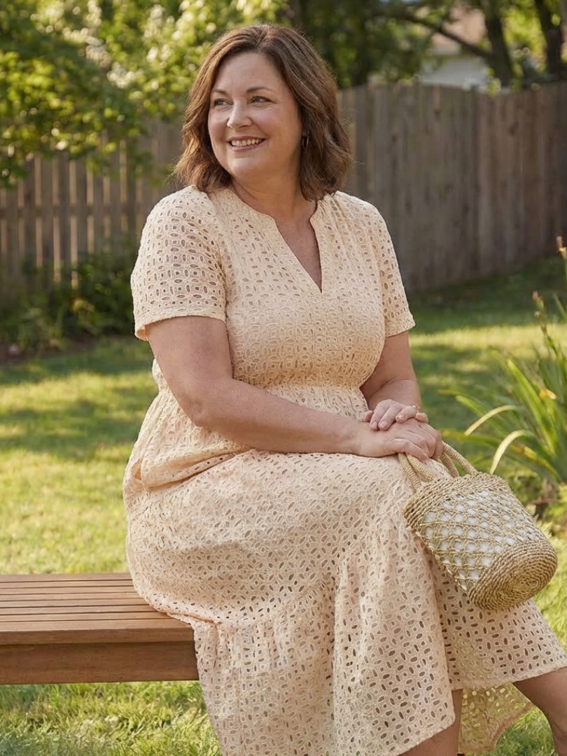 Nancy | Womens Eyelet Short Sleeve Tiered V Neck Midi Dress