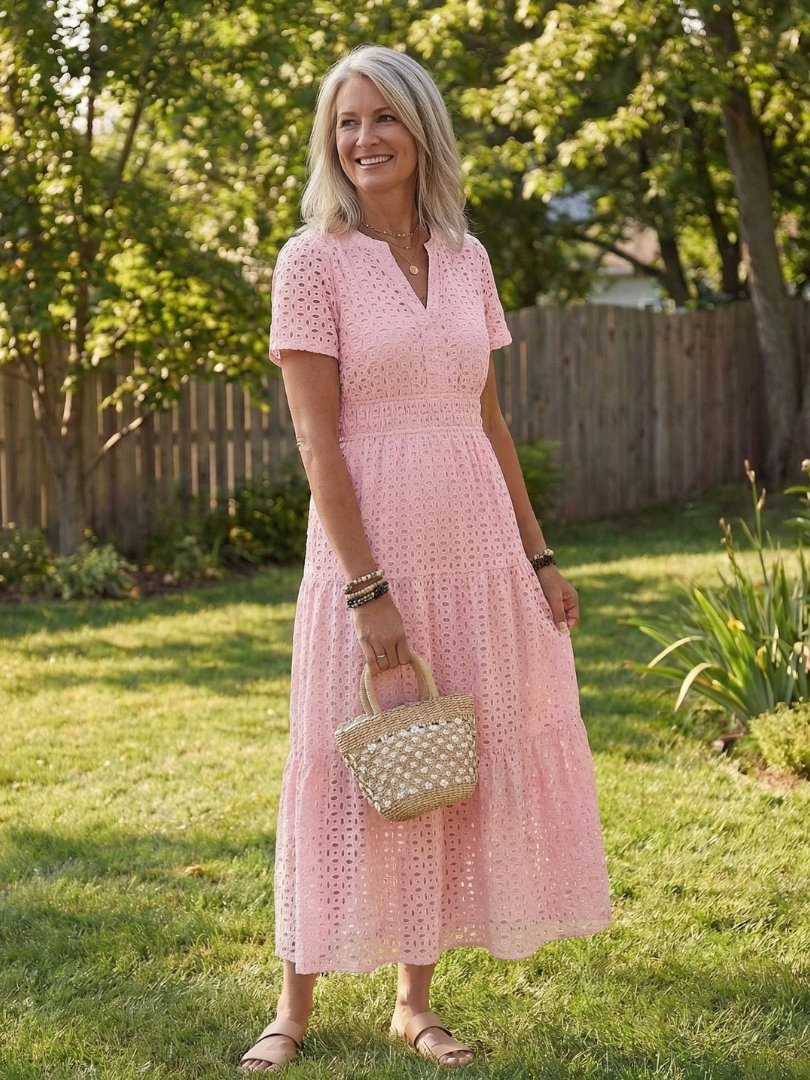 Nancy | Womens Eyelet Short Sleeve Tiered V Neck Midi Dress