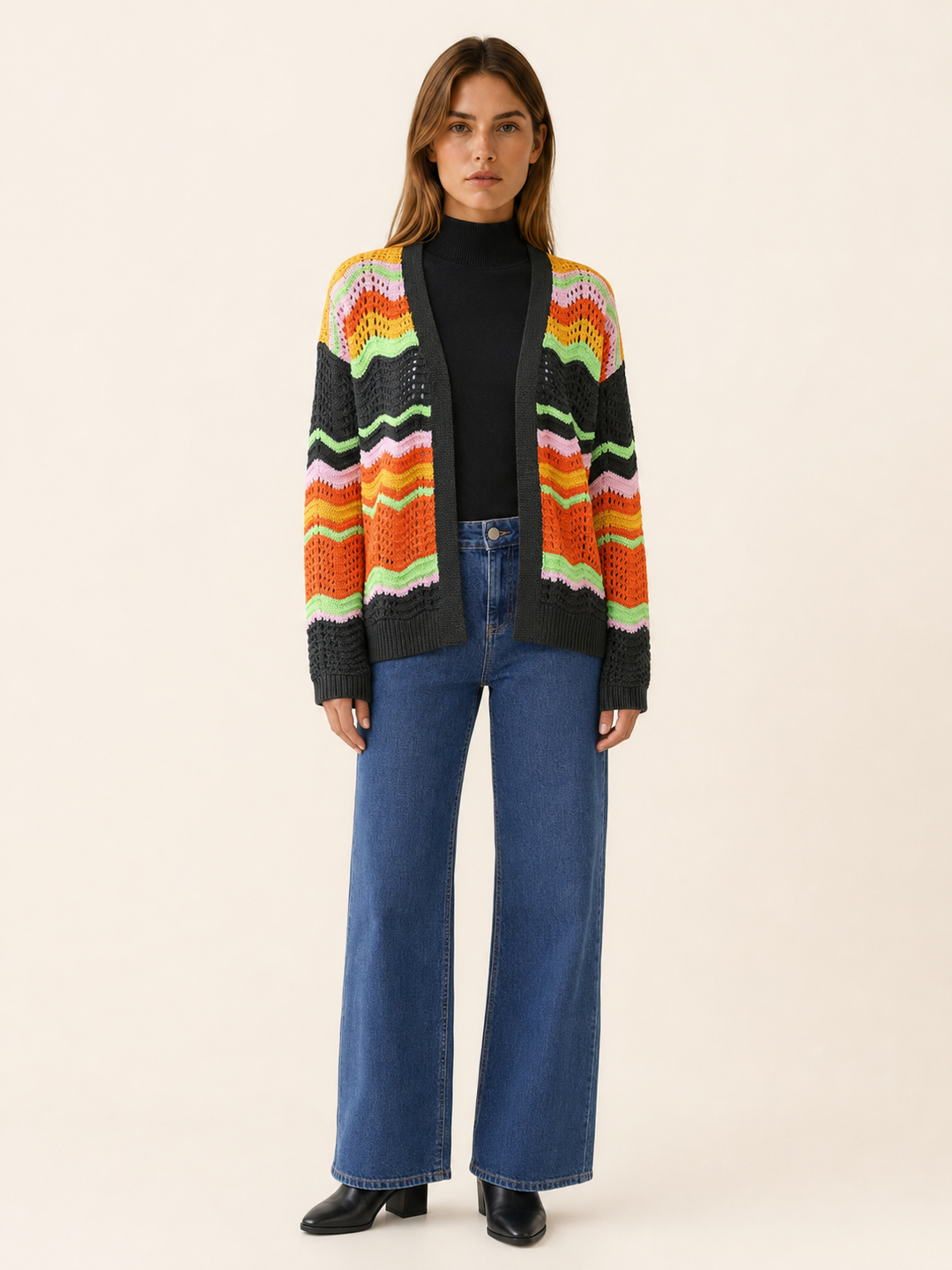 Nancy | Womens Striped Long Sleeve Open Front V Neck Cardigan