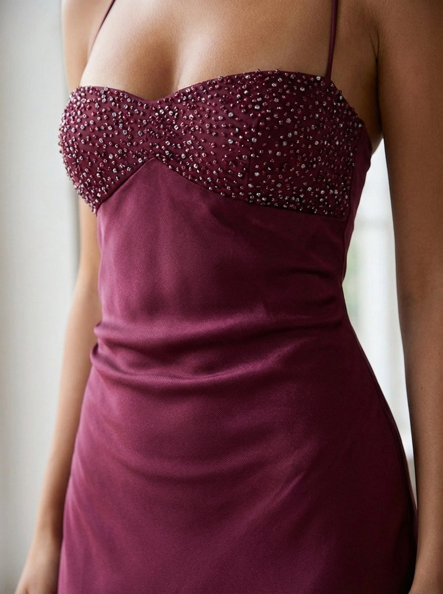 Olivia | Wedding Guest Beaded Satin Halter Maxi Dress