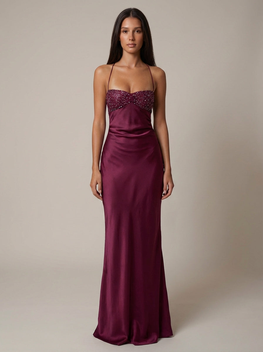 Olivia | Wedding Guest Beaded Satin Halter Maxi Dress