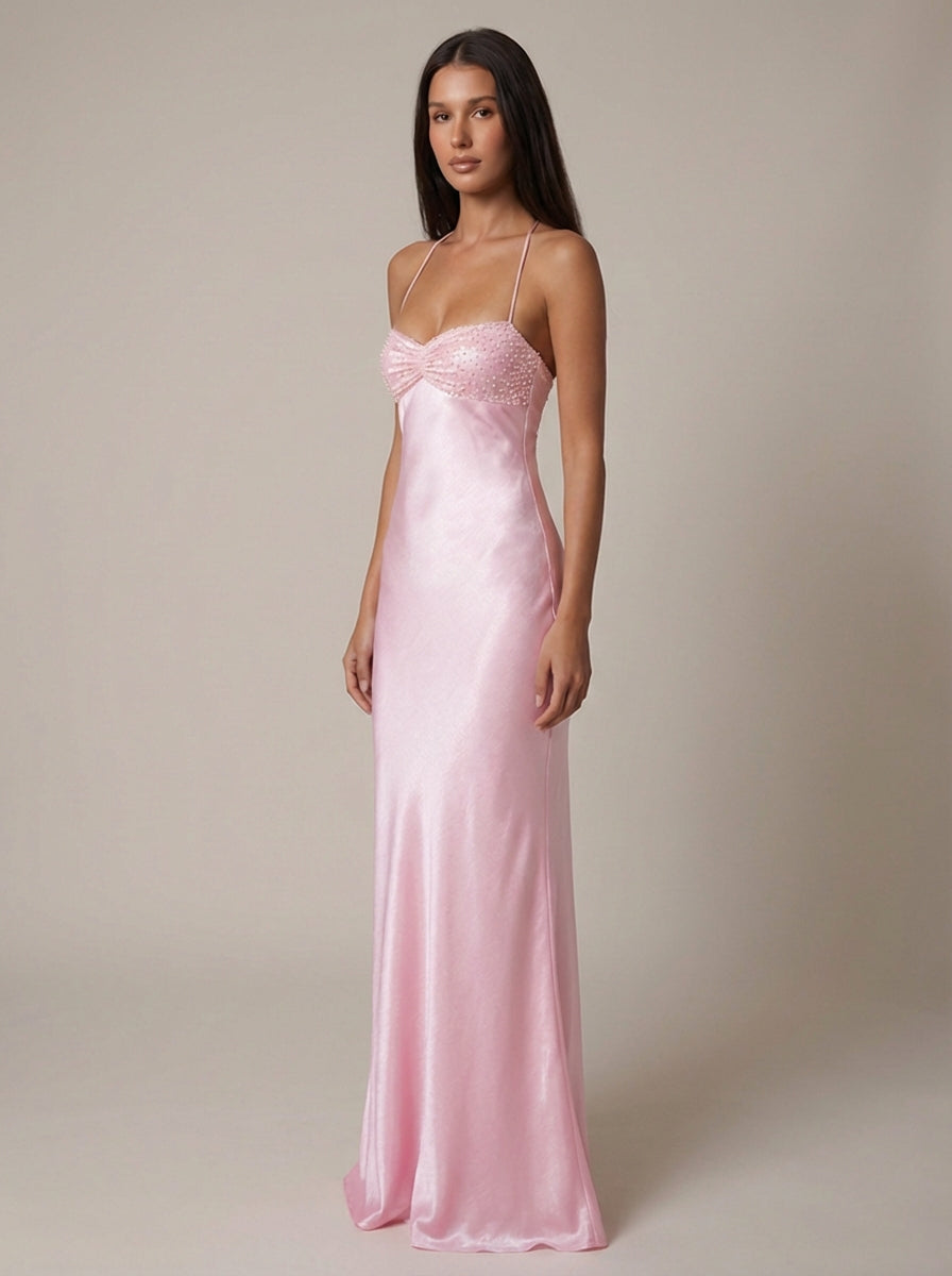 Olivia | Wedding Guest Beaded Satin Halter Maxi Dress