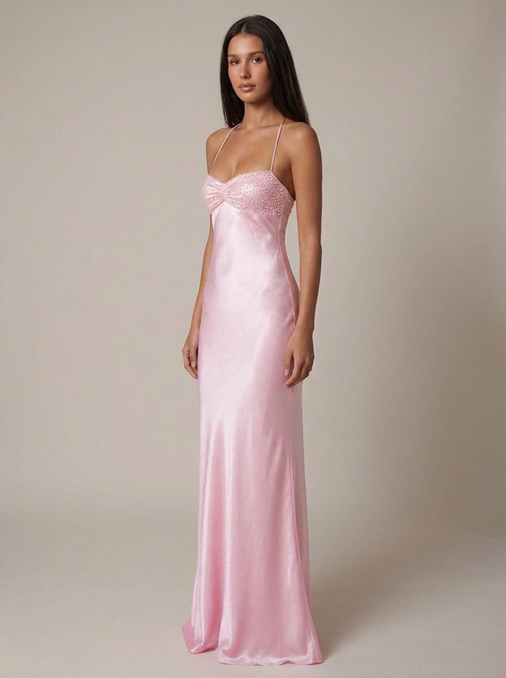 Olivia | Wedding Guest Beaded Satin Halter Maxi Dress