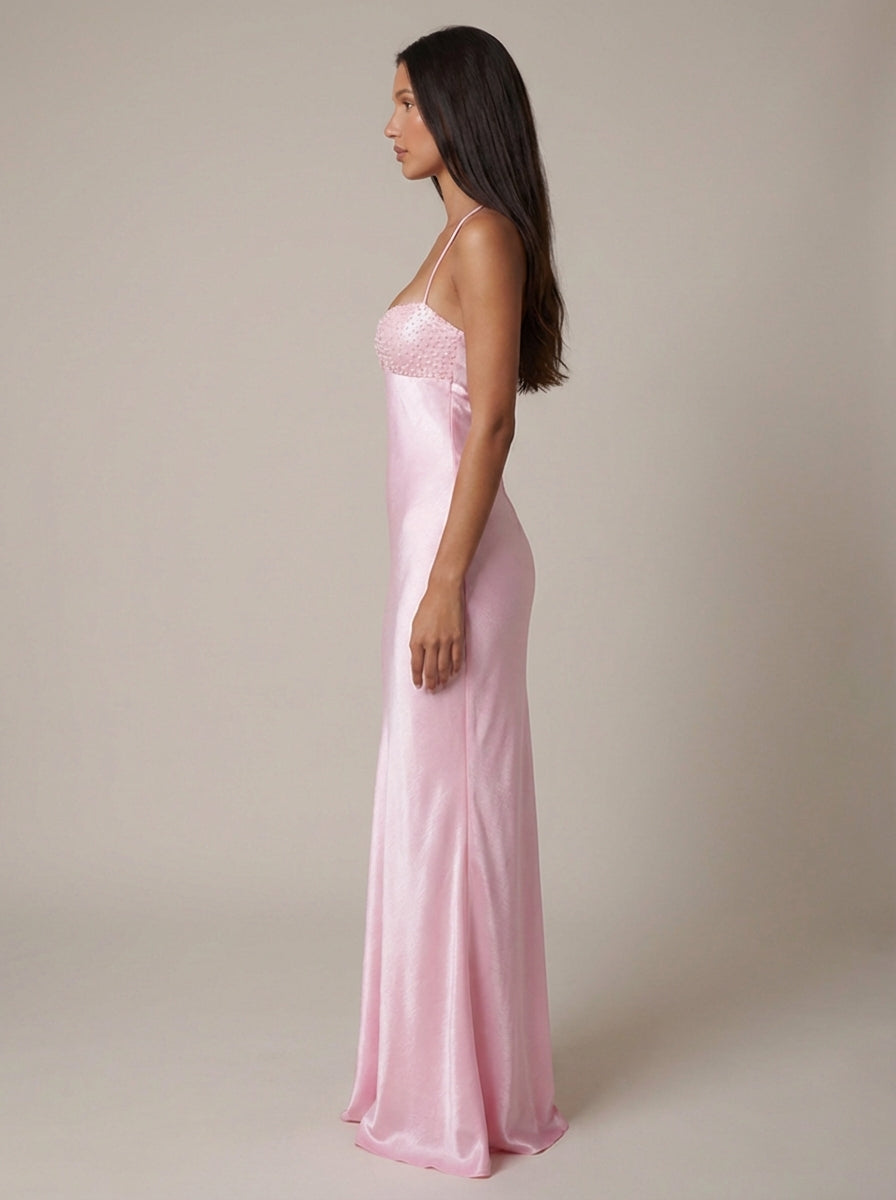 Olivia | Wedding Guest Beaded Satin Halter Maxi Dress