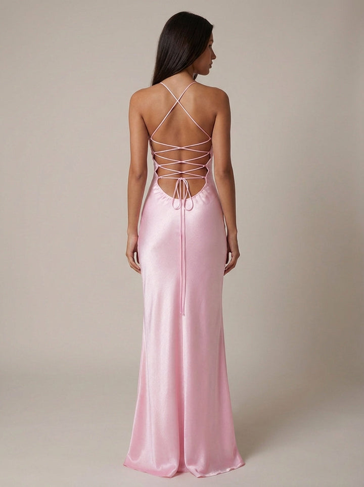 Olivia | Wedding Guest Beaded Satin Halter Maxi Dress