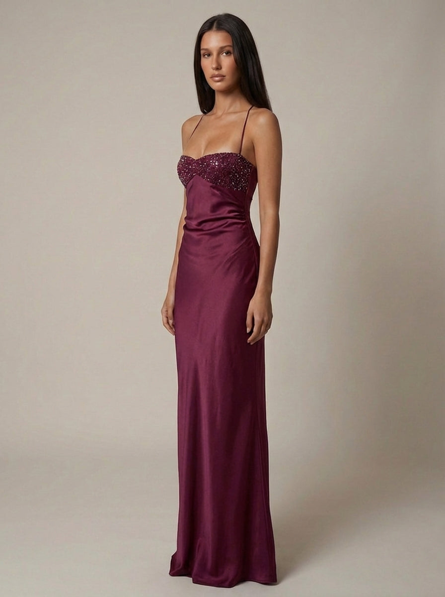 Olivia | Wedding Guest Beaded Satin Halter Maxi Dress