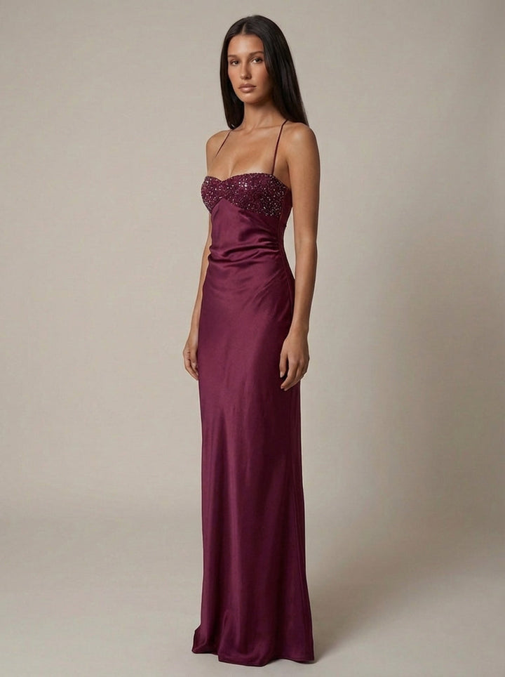 Olivia | Wedding Guest Beaded Satin Halter Maxi Dress