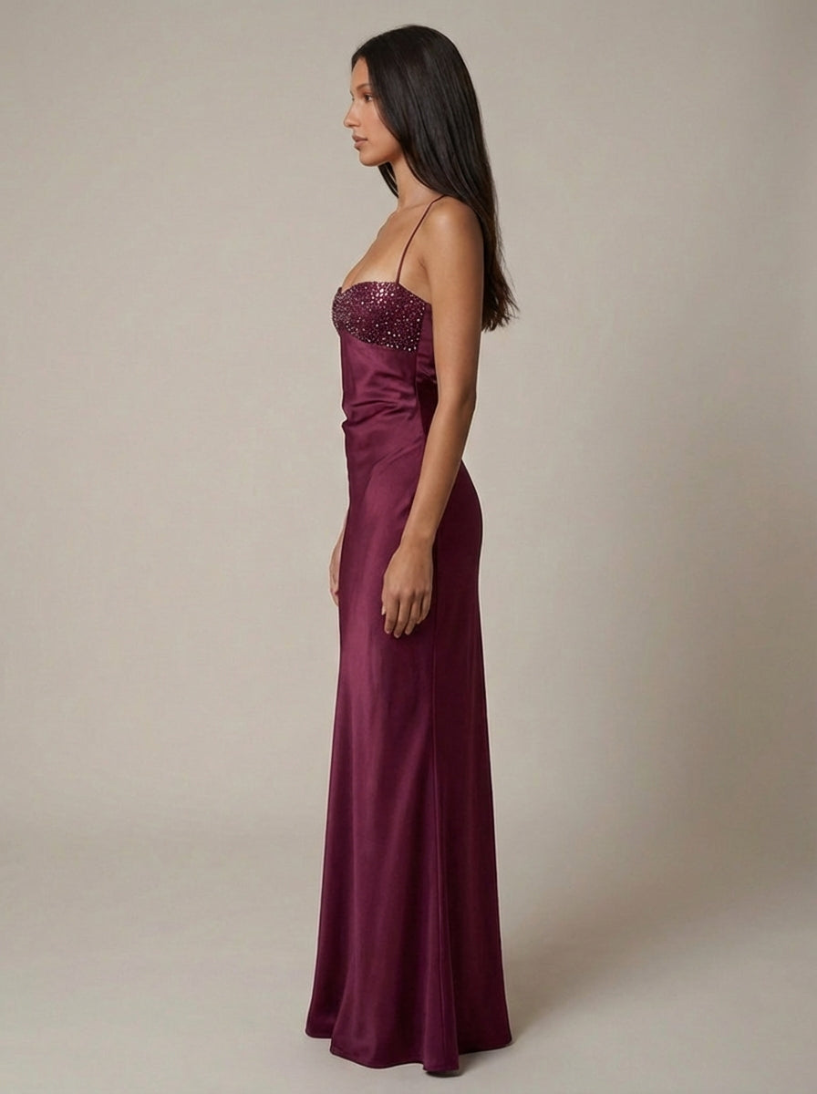 Olivia | Wedding Guest Beaded Satin Halter Maxi Dress