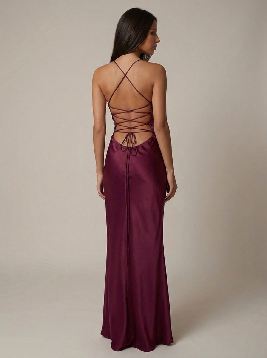 Olivia | Wedding Guest Beaded Satin Halter Maxi Dress