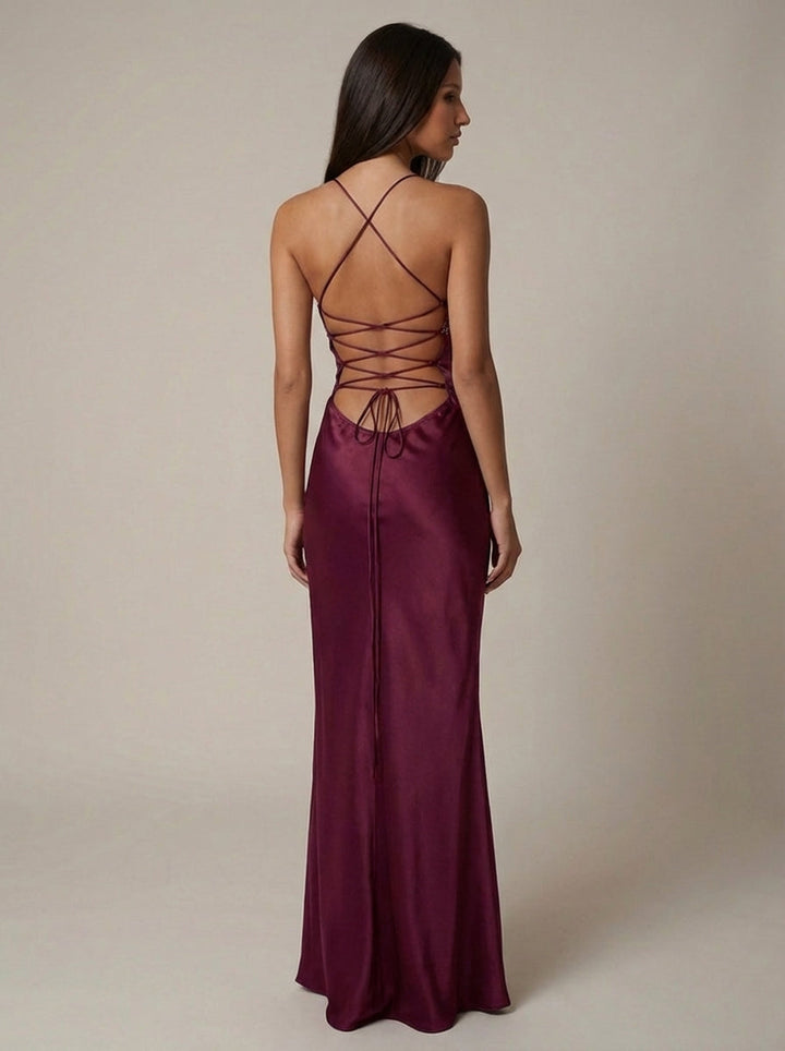 Olivia | Wedding Guest Beaded Satin Halter Maxi Dress