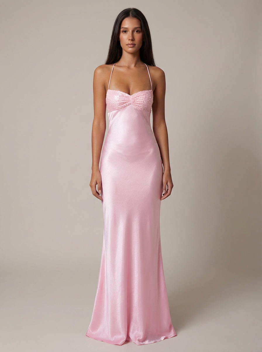 Olivia | Wedding Guest Beaded Satin Halter Maxi Dress