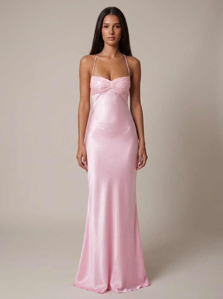 Olivia | Wedding Guest Beaded Satin Halter Maxi Dress