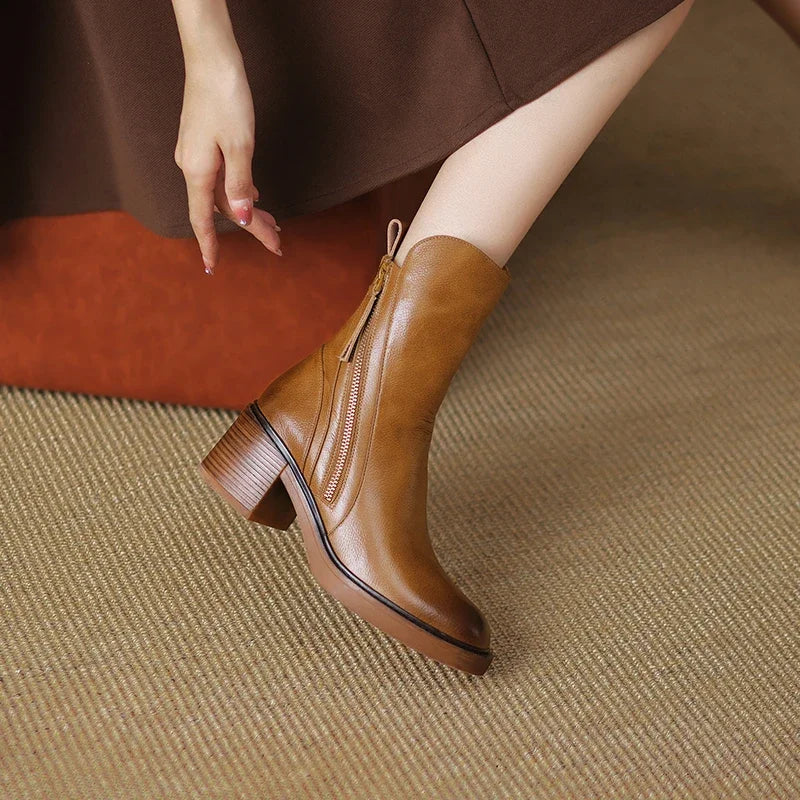 Gemma | Leather Chunky Heel Zip Ankle Boots