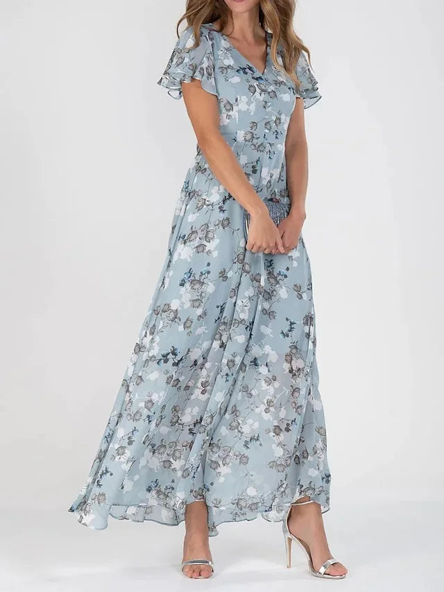 Phoebe | Floral Wedding Guest Short Sleeve Maxi Dress