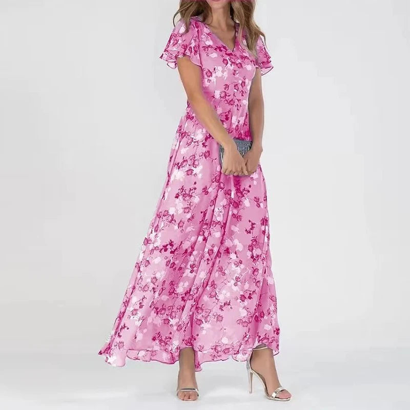 Phoebe | Floral Wedding Guest Short Sleeve Maxi Dress