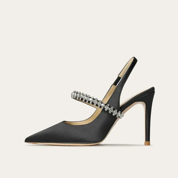 Phoebe | Satin Rhinestone Slingback Pointed Toe Heels