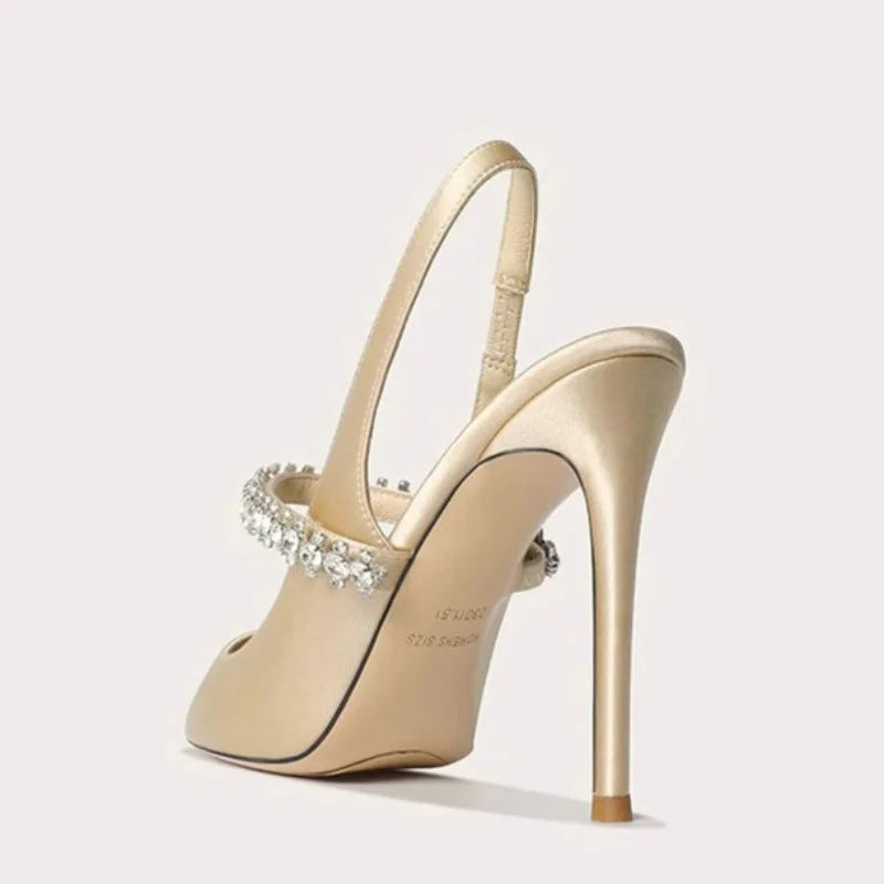 Phoebe | Satin Rhinestone Slingback Pointed Toe Heels