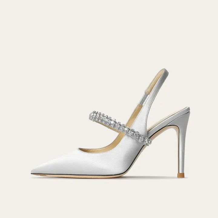 Phoebe | Satin Rhinestone Slingback Pointed Toe Heels