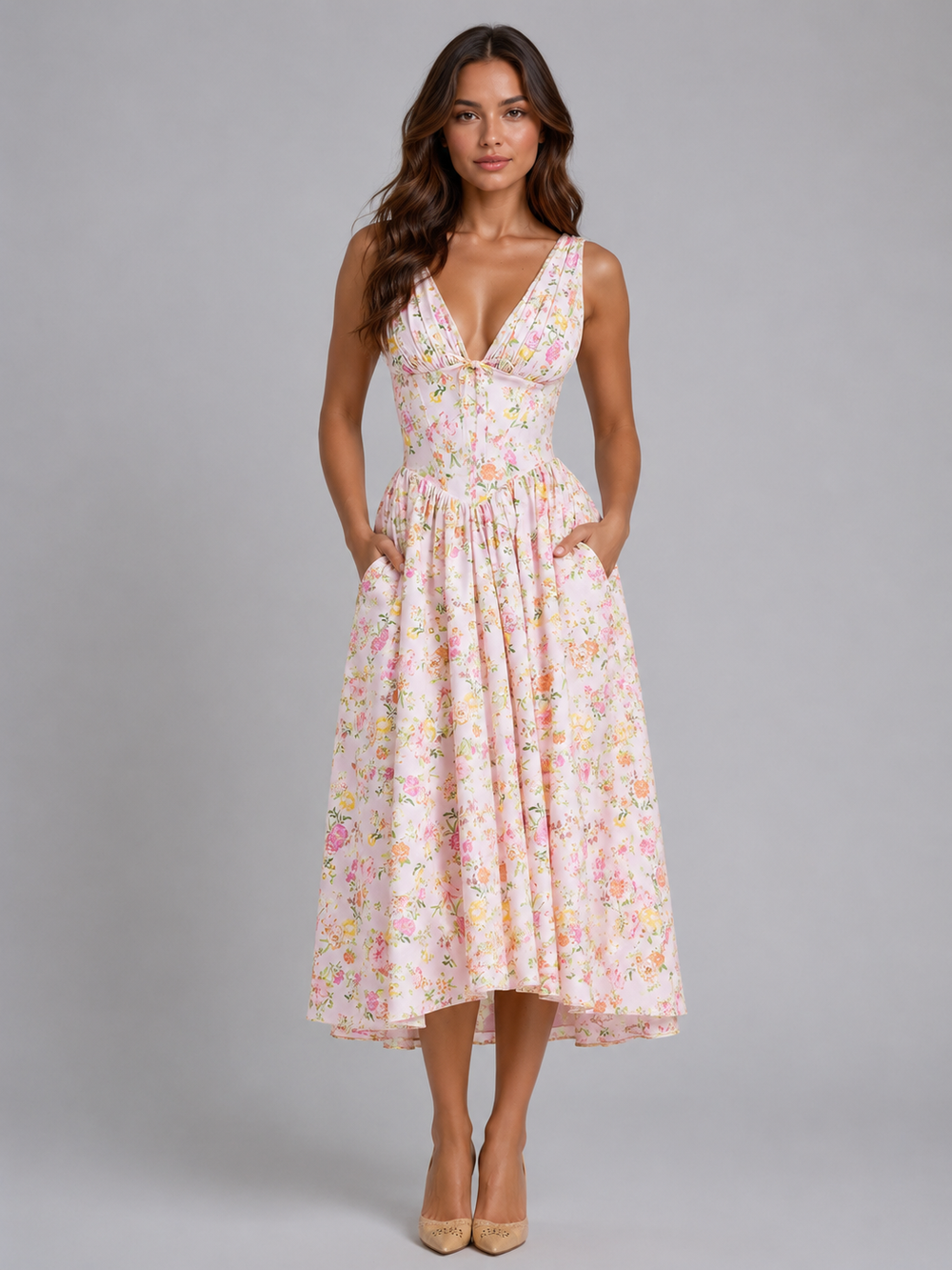 Phoebe | Sleeveless V Neck Pleated Midi Dress