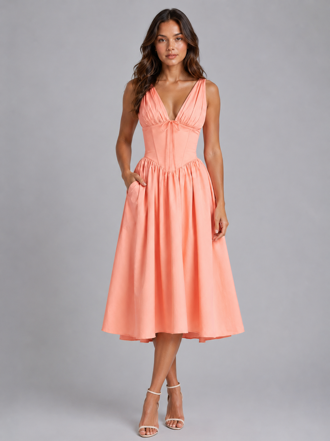 Phoebe | Sleeveless V Neck Pleated Midi Dress