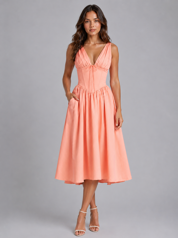Phoebe | Sleeveless V Neck Pleated Midi Dress