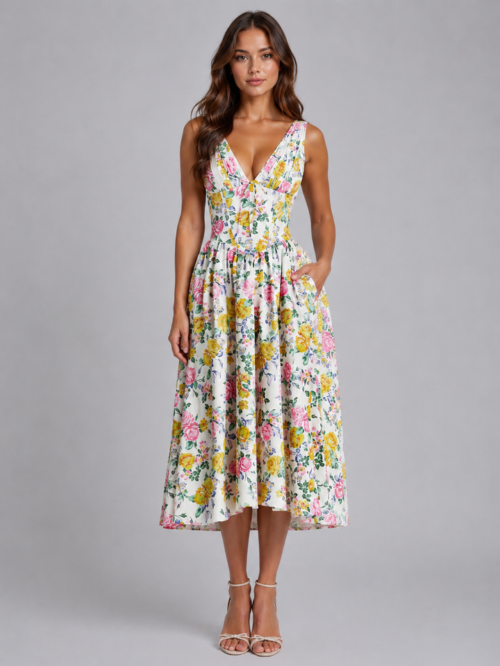 Phoebe | Sleeveless V Neck Pleated Midi Dress