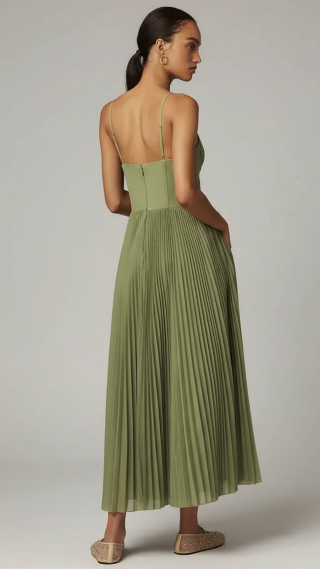 Pippa | Olive Green Sleeveless Pleated Corset Midi Dress