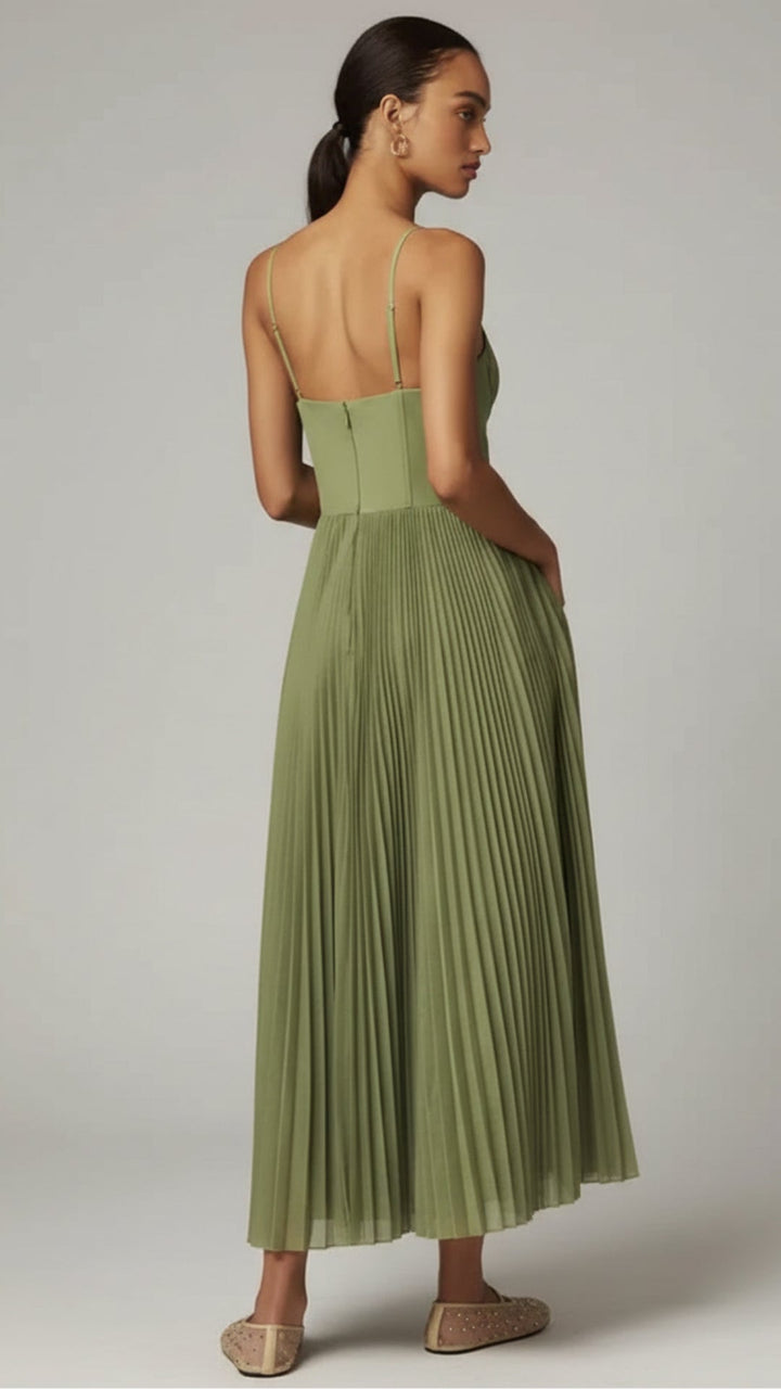 Pippa | Olive Green Sleeveless Pleated Corset Midi Dress