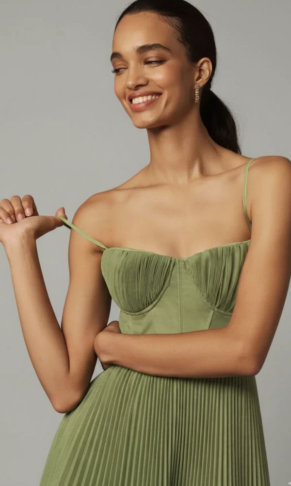 Pippa | Olive Green Sleeveless Pleated Corset Midi Dress