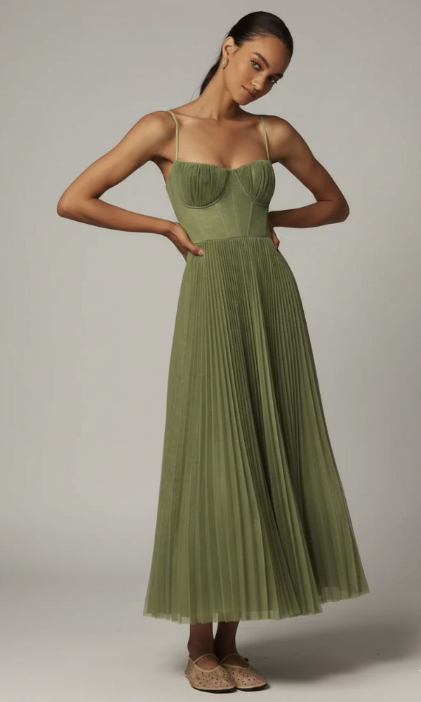 Pippa | Olive Green Sleeveless Pleated Corset Midi Dress